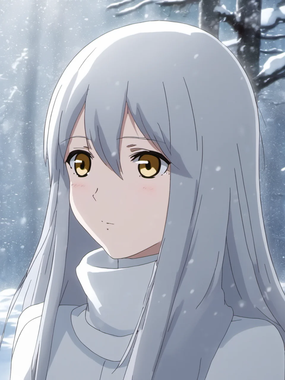 <lora:Kyuono-Heewon-V1.1:0.7>, a photo of anime girl Kyuono Heewon in a white dress standing in the snow, detailed yellow eyes with black pupil, complex background, dystopia, ((full body)), wearing a white kurta dress with serious looking, 8k, uhd, (masterpiece, best quality, ultra-detailed, best shadow),long straight silver hair, (detailed background,dark fantasy), depth of field,black light particles, dress, symbol-shaped_pupils, smiling, dressed in a gray, epic background, in the woods, outdoor