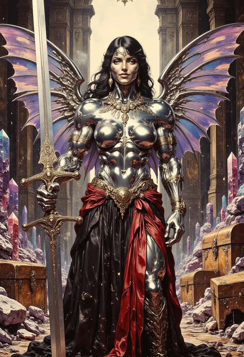 Realistic oil painting of a strong (Violet Eyes and flowing Black Hair, Extravagant Multicolored Crystalline Fairie Wings, MetalFairie, Fairie Woman with Metallic Chrome Skin, Huge Muscles) She's wearing a gray and red corset with flowing sleeves, a black leather pleated skirt, and black leather boots. The womans strong muscular frame grips a huge sword with one hand it's jagged blade glowing faintly with runic etchings. Her expression is that of amusement, her lips curved up in a smirk. Adorning her chest are an arrangement of necklaces with ancient symbols. She stands in large room filled with treasure chests filled with gold and massive multicolored crystals, with huge stained glass windows. Her metallic skin sparkles with crystalline dust, and sweat trickles down her cleavage and her huge muscles.