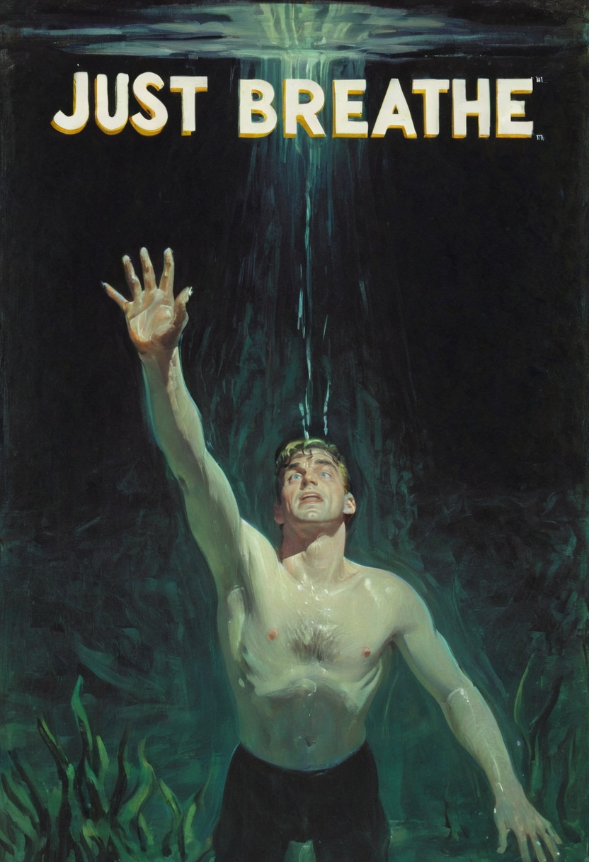A man is submerged deep underwater and drowning. He reaches up with one hand, looking up. Text says "Just breathe" <lora:Rafael_DeSoto:0.7> 1960s <lora:chdmchlwrd:0.7> Dark art, chdmchlwrd