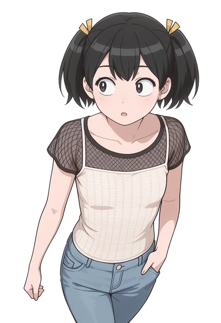 Smooth Quality,masterpiece,very intricate, high quality details, ultra realistic, high detailed skin,detailed enviorement,
simple background, white background,
from above,open mouth,walking, one hand in pocket, looking aside, casual, confident, ,
<lora:Tadano_Hitomi_cnn:0.7> tadanohitomicnn, 1girl,black hair, short hair, twintails, black eyes, bangs, hair ribbon,
fishnet top, ,slim fit pants, ,
