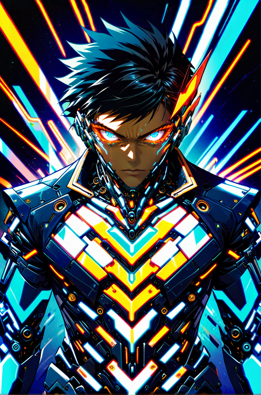 cybernetic robot <lora:Splash_Art_SDXL:1>, one man, short hair, serious facial expression, upper body, neon aura, in a luxurious suit, broad shoulders, looking at the viewer, torn shades, front view <lora:art-v5:0.5> <lora:incase-ilff-v3-4:0.7> <lora:zavy-flrscnc-sdxl:0.9>   <lora:SDXLHighDetail_v5:0.5> . android, AI, machine, metal, wires, tech, futuristic, highly detailed