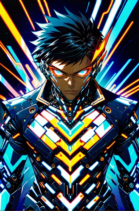 cybernetic robot <lora:Splash_Art_SDXL:1>, one man, short hair, serious facial expression, upper body, neon aura, in a luxurious suit, broad shoulders, looking at the viewer, torn shades, front view <lora:art-v5:0.5> <lora:incase-ilff-v3-4:0.7> <lora:zavy-flrscnc-sdxl:0.9> <lora:SDXLHighDetail_v5:0.5> . android, AI, machine, metal, wires, tech, futuristic, highly detailed