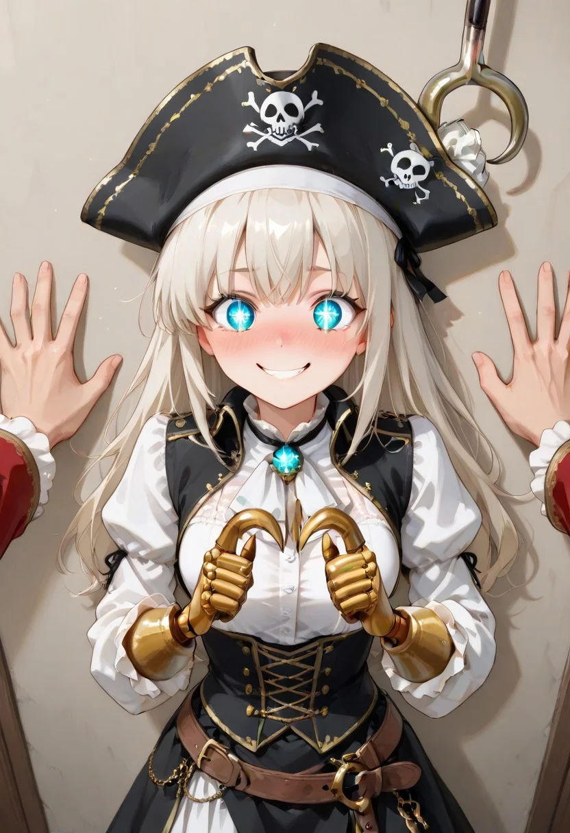 povkabedon, 1girl, solo focus , lazypos, pirate outfit, glowing smile, sparkly eyes, nose blush, extremely excited, cheerful, extremely happy, , full of illusion, ((hook hands against wall)), ((male hook hands))