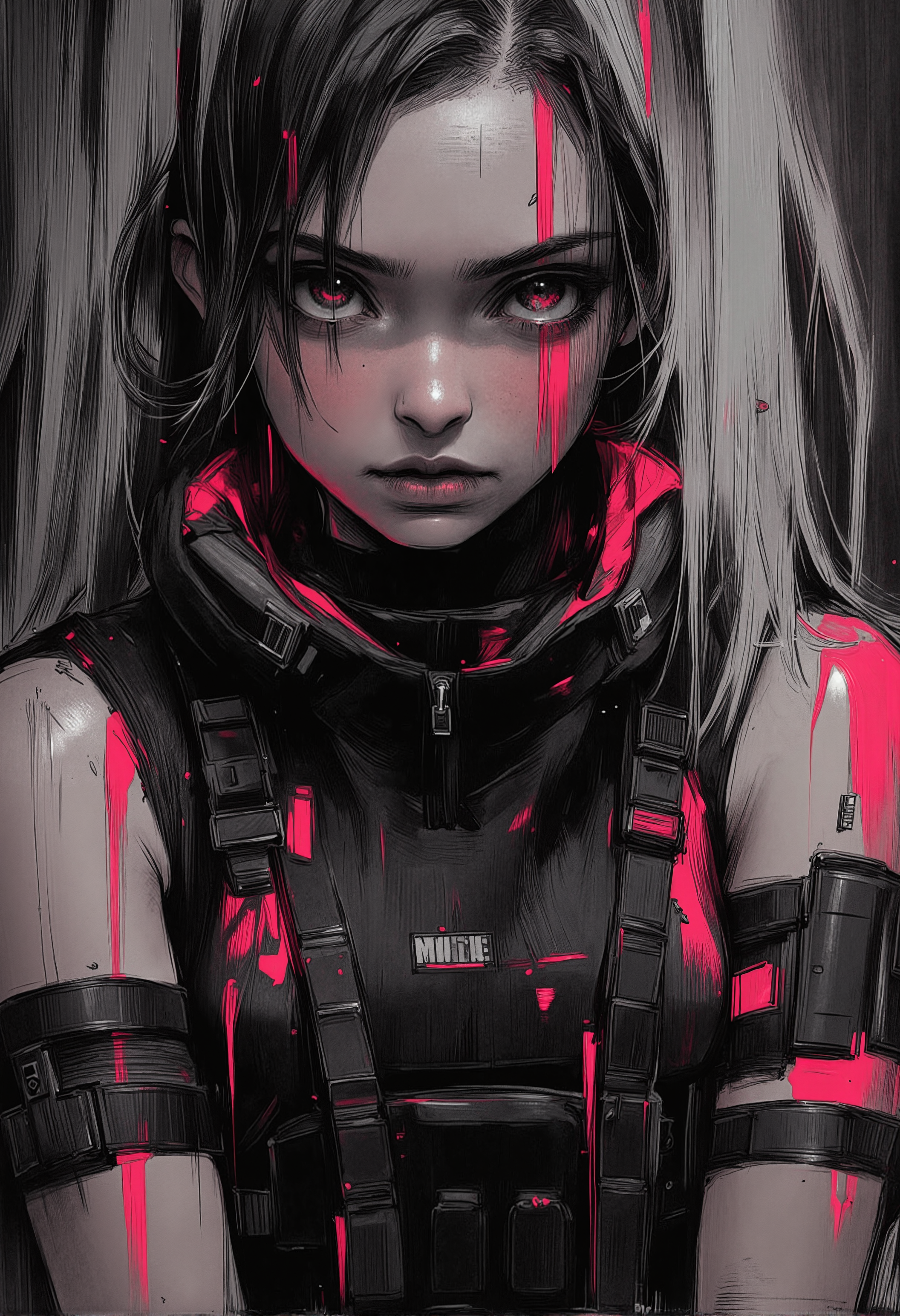 bv-anibrush, xslx scribble. A strikingly beautiful young woman in a dark, futuristic dystopian cityscape at night, her salt and pepper hair flowing slightly disheveled, blending into the shadows, while the faint glow of distant neon signs reflects off her sharp facial features. Her glowing eyes pierce through the surrounding darkness. She is dressed in sleek, futuristic techwear, featuring a tactical harness with multiple straps, pockets, and tech pouches. Her outfit is dark, with matte black fabrics contrasted by subtle neon accents and metallic details, similar to urban streetwear fused with high-tech combat gear. The ensemble includes a fitted crop top, layered with a utility belt and thigh straps, all designed for functionality and style. The city around her is defined by cold grey tones, with streaks of black, red, and magenta cutting through the dimly lit streets. The overall atmosphere is tense, with flickering street lights and the glow of embers from distant fires casting an ominous glow. The art style is intensely rough and sketch-like, with visible, bold brush strokes and strong line work, creating a raw, hand-drawn illustration effect. The colors bleed slightly, giving a dynamic, unfinished aesthetic that merges digital precision with an organic, textured finish. medium shot, her body is leaning against a wall, arms crossed, gazing into the distance . The camera captures her from the side . , <lora:bv-anibrush-v1-flux.safetensors:1.0:1.0> <lora:Risograph_Style_FLUX_by_Ethanar-000001.safetensors:1.0:1.0> <lora:scribble-flux-v1.safetensors:0.5:0.5>