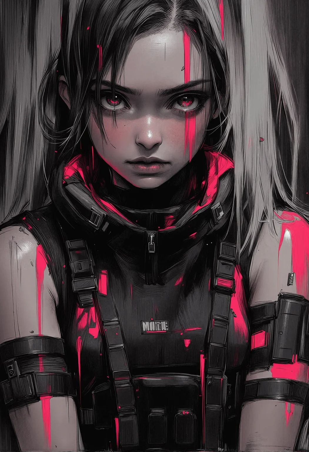 bv-anibrush, xslx scribble. A strikingly beautiful young woman in a dark, futuristic dystopian cityscape at night, her salt and pepper hair flowing slightly disheveled, blending into the shadows, while the faint glow of distant neon signs reflects off her sharp facial features. Her glowing eyes pierce through the surrounding darkness. She is dressed in sleek, futuristic techwear, featuring a tactical harness with multiple straps, pockets, and tech pouches. Her outfit is dark, with matte black fabrics contrasted by subtle neon accents and metallic details, similar to urban streetwear fused with high-tech combat gear. The ensemble includes a fitted crop top, layered with a utility belt and thigh straps, all designed for functionality and style. The city around her is defined by cold grey tones, with streaks of black, red, and magenta cutting through the dimly lit streets. The overall atmosphere is tense, with flickering street lights and the glow of embers from distant fires casting an ominous glow. The art style is intensely rough and sketch-like, with visible, bold brush strokes and strong line work, creating a raw, hand-drawn illustration effect. The colors bleed slightly, giving a dynamic, unfinished aesthetic that merges digital precision with an organic, textured finish. medium shot, her body is leaning against a wall, arms crossed, gazing into the distance . The camera captures her from the side . , <lora:bv-anibrush-v1-flux.safetensors:1.0:1.0> <lora:Risograph_Style_FLUX_by_Ethanar-000001.safetensors:1.0:1.0> <lora:scribble-flux-v1.safetensors:0.5:0.5>