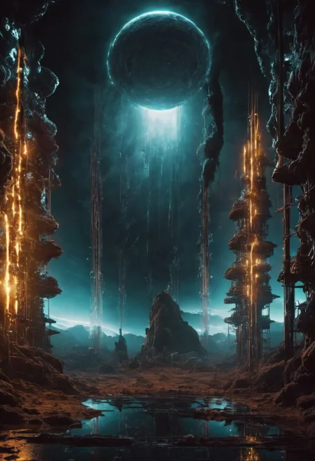 double exposure, black background, 1boy, astronaut, facing the viewer, digital, masterpiece, more details, EdobHorrorLandscape. vast, (detailed art), absurdres, BREAK
close up to surface of alien planet, zoomed, earie, dark, beautiful yet scary landscape, horror of stars in the sky, covered in wires, (((covered in metal pipes))), dynamic angle, (wires maze), (huge alien obelisk), highly technological, blue glow, green.
moody lights, atmospheric,