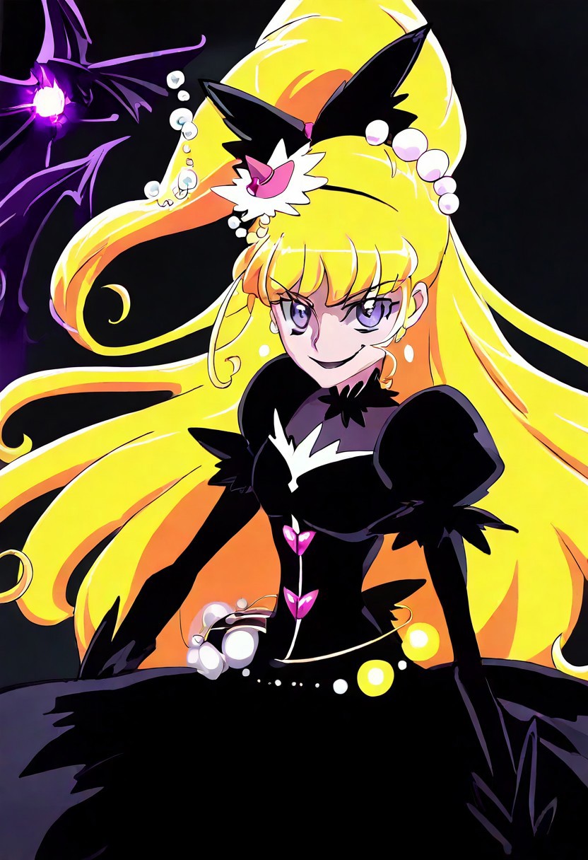 cure miracle, cure miracle \(diamond style\), crmrcldiamond, blonde hair, high ponytail, half updo, very long hair, shiny hair, hair beads around ponytail, eyebrows visible through hair, purple eyes, eyelashes, mini witch hat, 
black dress, black costume, small devil wing,
simplebackground, (dark indoor, evil smile) ,spot light