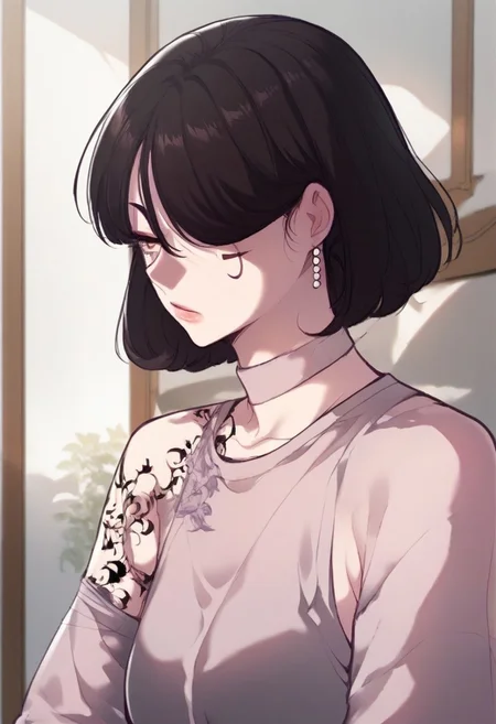 score_9, score_8_up, score_7_up, score_6_up, source_anime, 2d, 
1girl, Shiira, brown eyes, black hair, short hair, tattoo under eye, tattoo on right arm