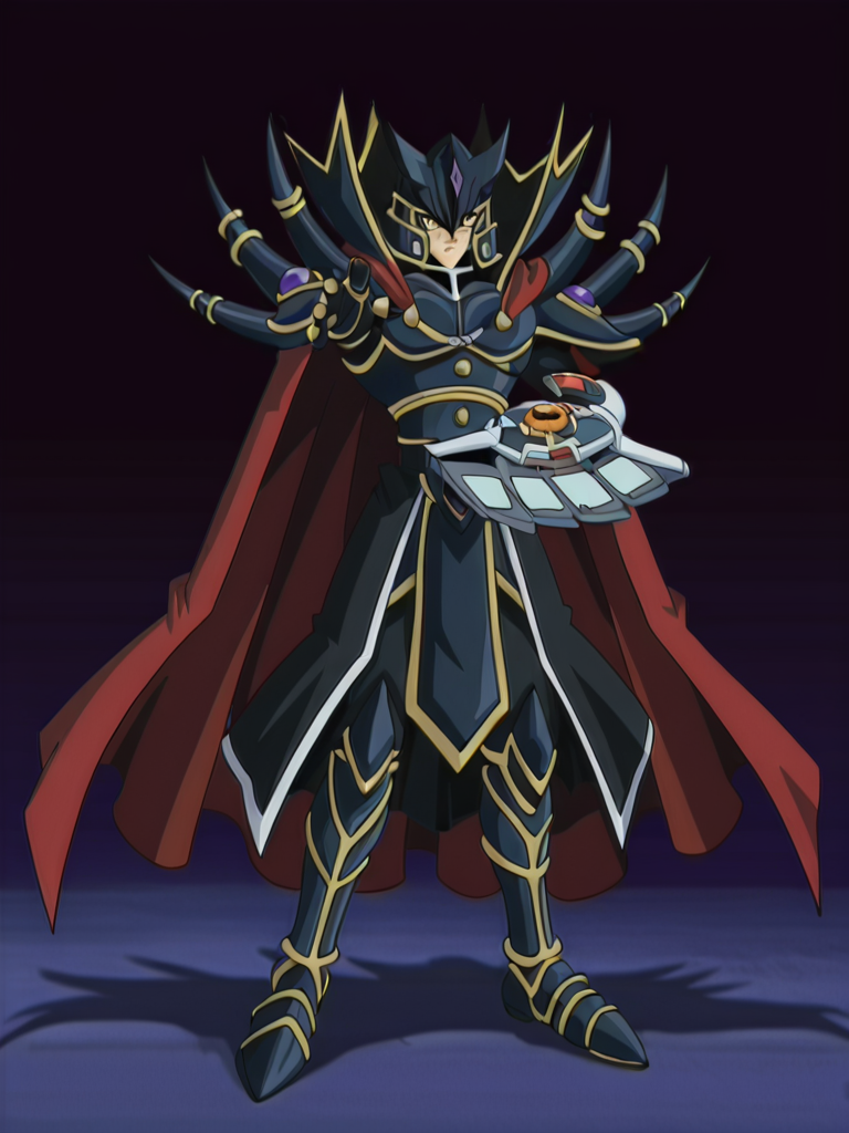 1boy, 
 <lora:supreme_kinh:0.9> Supre2meGXKing,black helmet, black armor,red cape, yellow eyes,full body,  duel disk off,