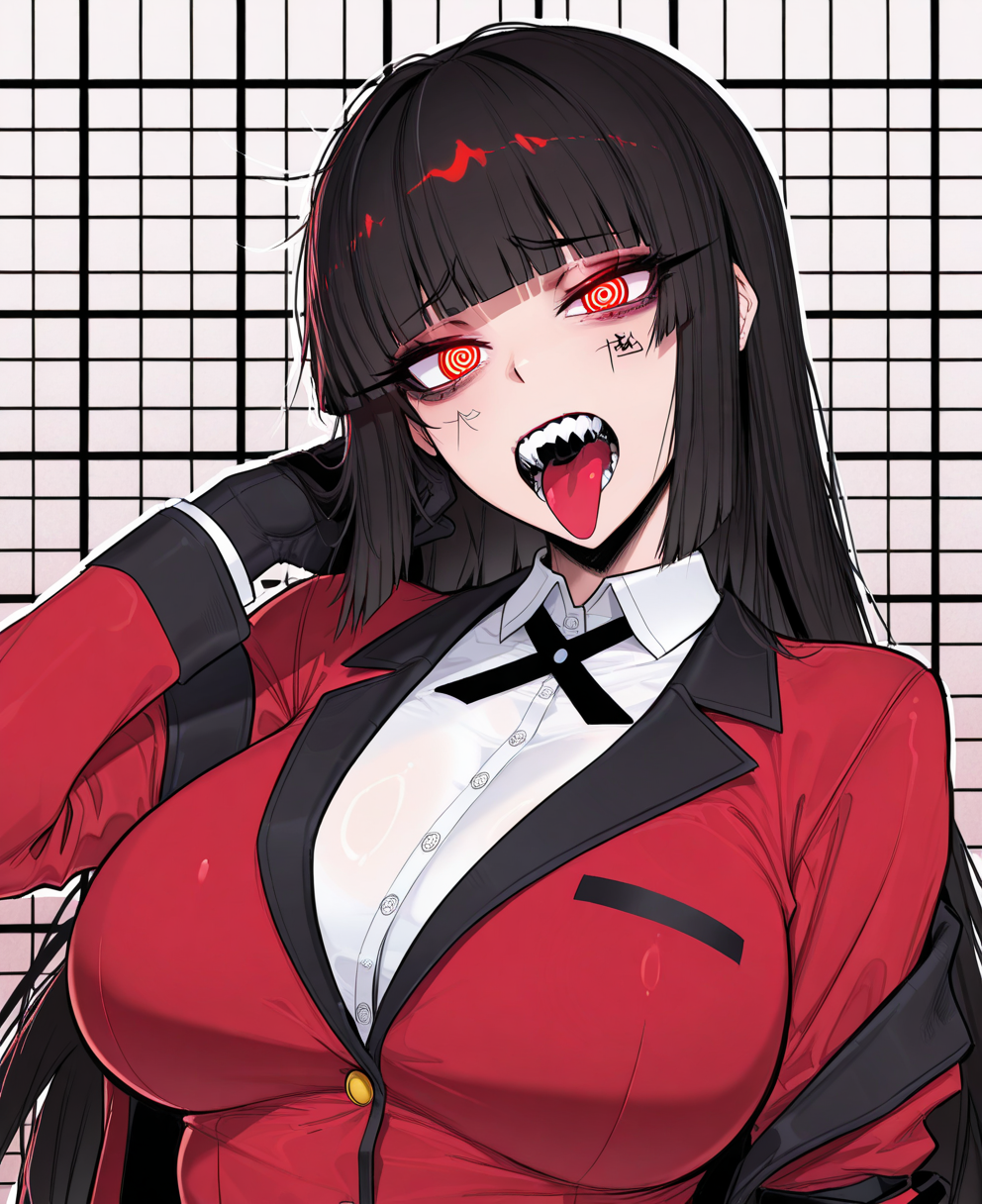 <lora:ace_glitch-000023:1> ace_glitch,
(masterpiece), (best quality), (ultra-detailed), amazing quality, very aesthetic, illustration, perfect composition, intricate details, absurdres, incredibly absurdres, shiny skin, realistic,
 ace_glitch, 1girl, tongue, red eyes, solo, breasts, black hair, tongue out, school uniform, long hair, gloves, large breasts, shirt, jacket, red jacket, blunt bangs, black gloves, looking at viewer, hime cut, open mouth, barcode, teeth, white shirt, checkered background, sharp teeth, ringed eyes, red suit, blazer, collared shirt, sensitive