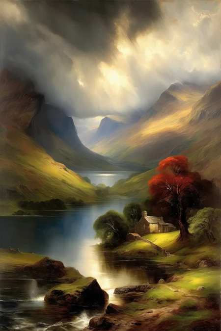 <lora:Thomas Moran Style:1>Thomas Moran Style - Craft a riveting, dramatic oil painting of the picturesque English Lake District. Use the style of Thomas Moran, with his ability to incorporate grandeur and a romantic sensibility into the landscape. The scene should consist of a pristine lake bordered by rolling hills, with quaint stone cottages dotting the countryside. The lighting should be that of a storm breaking, with rays of sunlight piercing through parting clouds, illuminating the landscape in a dramatic play of light and shadows. The color palette should consist of rich greens, rustic browns, and radiant golds against a backdrop of moody blues and greys of the stormy sky. The composition should employ the viewpoint of a wide-angle lens, capturing the expansive panorama of the Lake District, with the stormy skies and the breakthrough of sunlight adding a powerful dynamism to the scene.