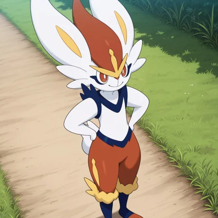 masterpiece, best quality, amazing quality, cinderace, furry, anthro, solo, pokemon (creature), white fur, red fur, blue fur, three-tone fur, red hair tuft, yellow eyebrows, red eyes, white pupils, blue underlines, orange nose, long ears, yellow knee tufts, rabbit tail, paw pads, standing, smile, hands on hips, outdoors, grass