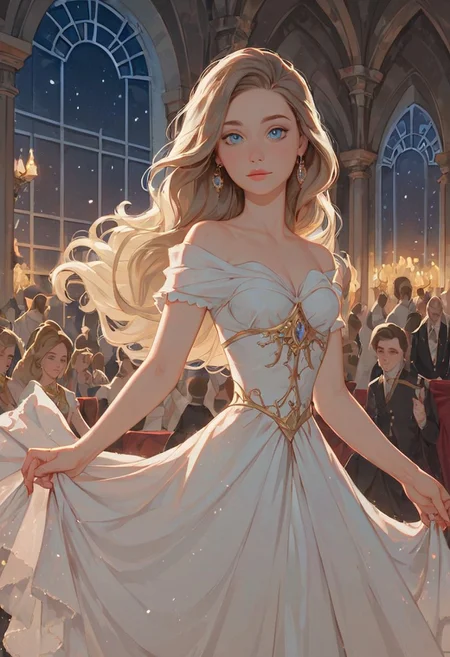 score_9,score_8_up,score_7_up,score_6_up, masterpiece, realistic, highly detailed, 1girl, ballroom dancing, Elle, (cute intriguing face, slender natural body:1.1), perfect blue eyes, very long wavy blonde hair, eyelashes, glittering silver formal dress, elegant ballroom, loving gaze, 1man, short brown hair, royal uniform, servants, party, evening, windows, stars, palatial, (natural lighting:1.3), indoors