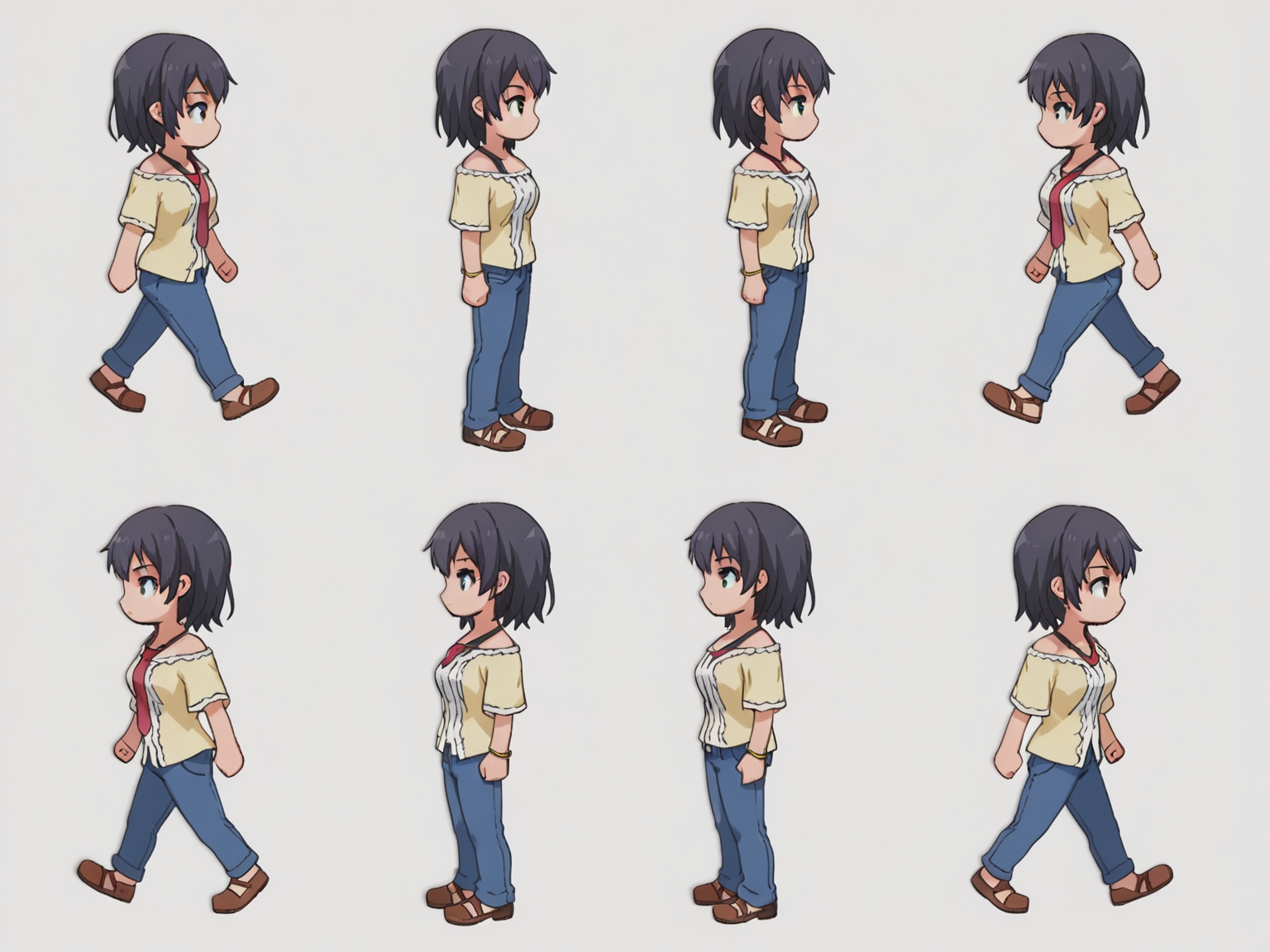 score_9, score_8_up, score_7_up, source_anime,
BREAK
<lora:shiSpriteV2:0.9>, sprgt, sprite sheet, multiple views, chibi, full body, from side, one eye closed, profile, 
1girl, standing, walking, 
simple background, white background, 
anime screencap, anime coloring, 
<lora:shiYukSisV1:1> harudef, short hair, black hair, yellow shirt, bracelet, jewelry, necktie, bracelet, blue pants, off shoulder,  jeans, brown footwear, shoes,