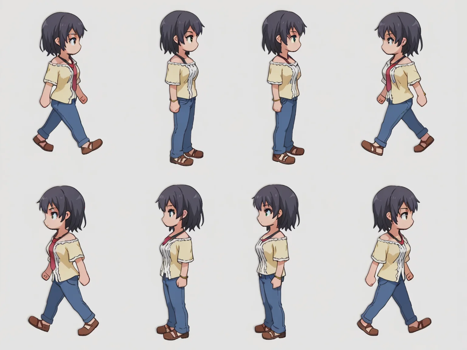 score_9, score_8_up, score_7_up, source_anime,
BREAK
<lora:shiSpriteV2:0.9>, sprgt, sprite sheet, multiple views, chibi, full body, from side, one eye closed, profile,
1girl, standing, walking,
simple background, white background,
anime screencap, anime coloring,
<lora:shiYukSisV1:1> harudef, short hair, black hair, yellow shirt, bracelet, jewelry, necktie, bracelet, blue pants, off shoulder, jeans, brown footwear, shoes,