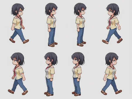 score_9, score_8_up, score_7_up, source_anime,
BREAK
<lora:shiSpriteV2:0.9>, sprgt, sprite sheet, multiple views, chibi, full body, from side, one eye closed, profile,
1girl, standing, walking,
simple background, white background,
anime screencap, anime coloring,
<lora:shiYukSisV1:1> harudef, short hair, black hair, yellow shirt, bracelet, jewelry, necktie, bracelet, blue pants, off shoulder, jeans, brown footwear, shoes,