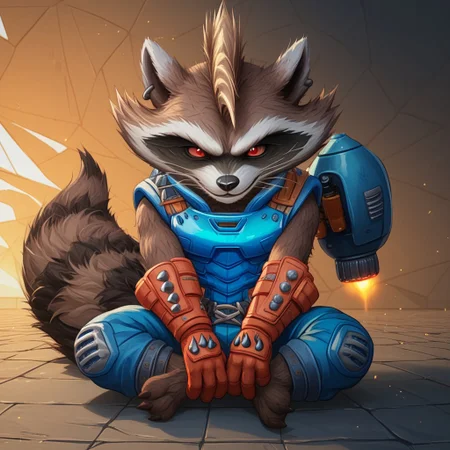 score_9, score_8_up, score_7_up, score_6_up, score_5_up, score_4_up, source_furry
anthro, ((1boy, solo)), brown fur, raccoon, mohawk, shortstack, red eyes, armor, blue pants, kneepads, earing, gloves, jetpack, rocket raccoon
BREAK
detailed background, neo tokyo scenery, (((sitting on ground)))