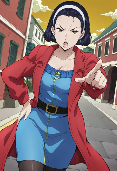 (masterpiece, amazing quality, best quality, anime coloring),very aesthetic, illustration, perfect composition, intricate details, absurdres, incredibly absurdres, sexy,(((1girl,solo,TomokoHigashikata, Short Hair, Black Hair, Brown Eyes, Earrings, Lips, White Hairband, Red Coat, Blue Dress, Belt, Black Leggings,Original Style,perfect face,detailed eyes,standing,looking at viewer,annoyed,open mouth,pointing at viewer,hand on hip))),from front,cowboy shot,dutch angle,outdoors,street,yellow sky,clouds