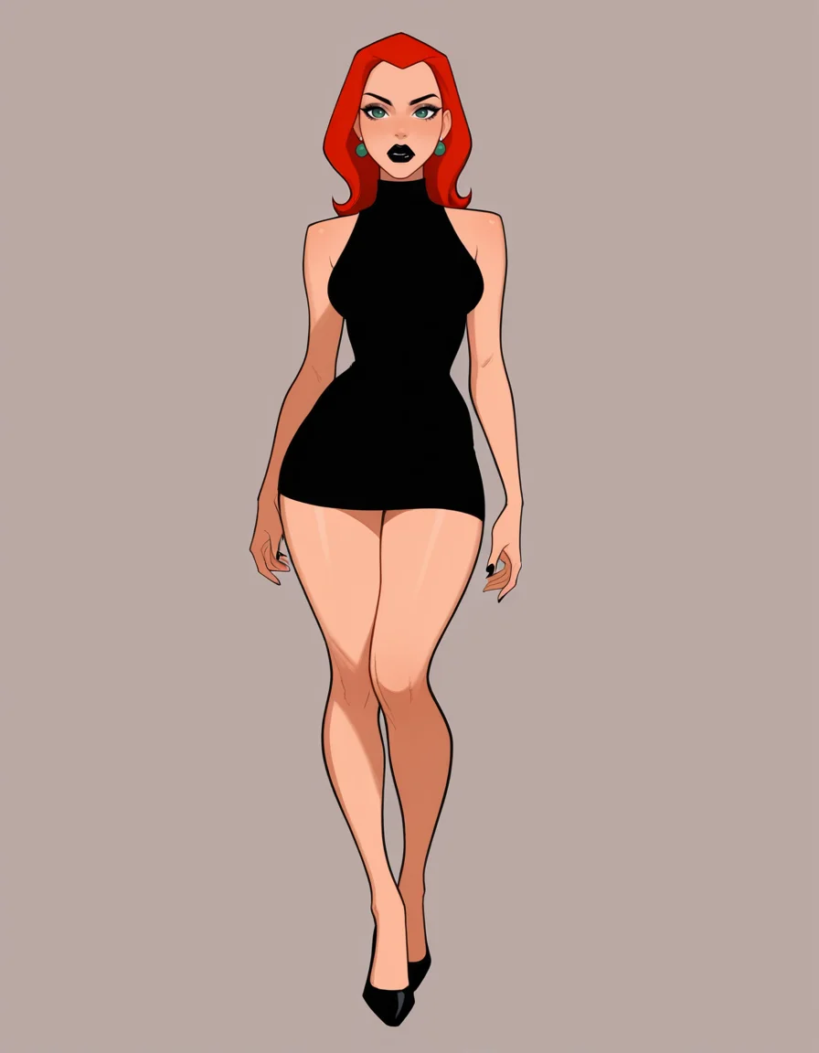 CynthiaILBB, 1girl, red hair, medium hair, green eyes, black lips, earrings, black sleeveless turtleneck miniskirt dress, black pumps, solo, facing viewer, looking at viewer, standing, full body simple background, (masterpiece, best quality:1.2), amazing quality, absurdres, (beautiful:1.2)