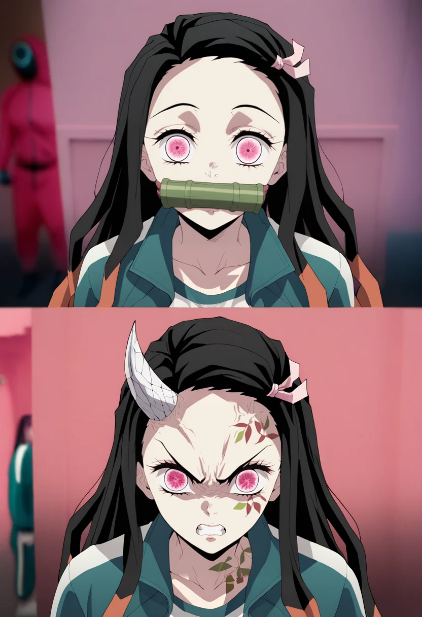 amazing quality,very aesthetic,absurdres,best quality,newest,masterpiece,4k resolution, absurdres, highres, detailed background, <lora:Year1&Year2SquidGameMeme_illusXLNoobAI_Incrs_v1:1> 2koma, looking at viewer, comic, scene reference, track jacket, blurry background,kamado nezuko, 1girl, gag, kimetsu no yaiba
amazing quality,very aesthetic,absurdres,best quality,newest,masterpiece,4k resolution, absurdres, highres, detailed background,<lora:Year1&Year2SquidGameMeme_illusXLNoobAI_Incrs_v1:1> 2koma, looking at viewer, comic, scene reference, track jacket, blurry background,, <lora:demonslayerXLP:0.7> Demon Slayer ,<lora:DNezukoXLV4-Test2:1> kamado nezuko, 1girl, horns, tattoo,clenched teeth,kimetsu no yaiba, mature,