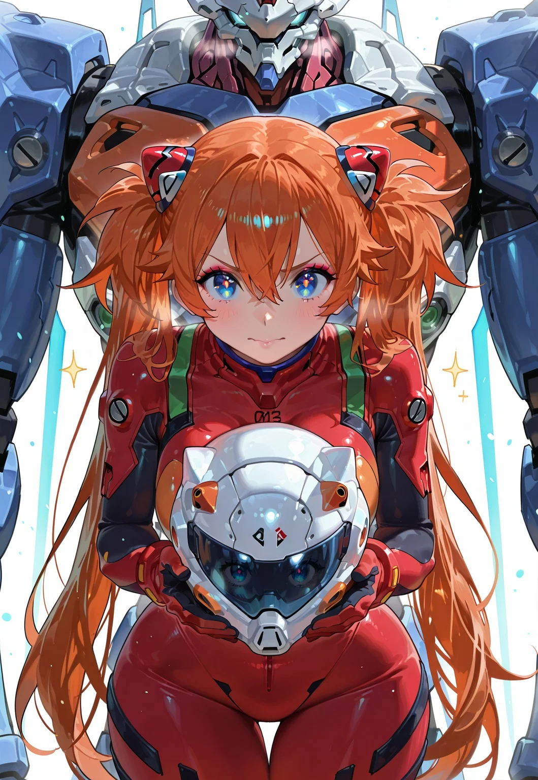 (score_9, score_8_up, score_7_up), masterpiece, detailed, anime, very aesthetic, 1girl, nia4294, bright sparkling eyes, detailed face, feminine face, cute, makeup, mascara, cold lighting, volumetric lighting, light particles, vivid constrast, evangelion, asuka, red plug suit, twin tails, blue eyes, mecha pilot suit, skin tight, very long hair, hairpods, orange hair, looking intensely at viewer, face focus, wide hips, thigh gap, holding helmet, thighs, sparkle