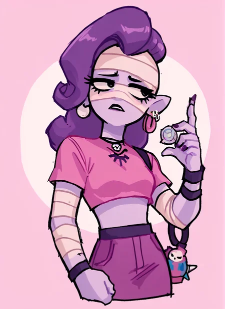score_9, score_8_up, score_7_up, <lora:bsemz:1>bsemz , 1 girl , purple skin , bandages ,Earrings , purple hair, skirt ,cropped shirt , pink shirt , <lora:SyrupyyyArt:1>syrupyyy