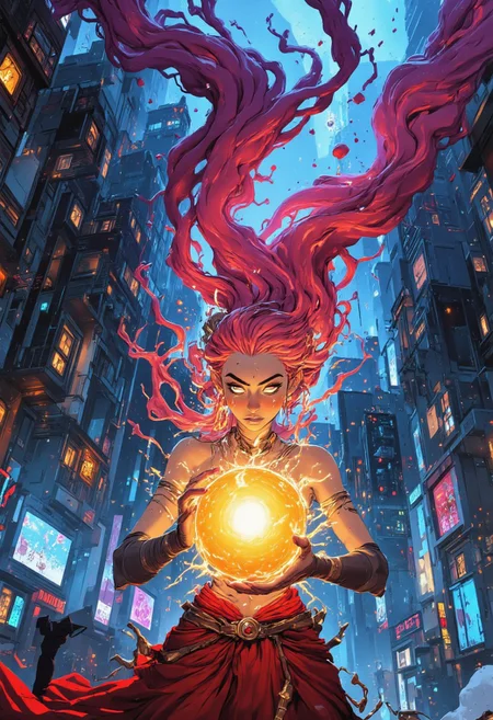 A fantastical, otherworldly scene featuring a female figure with striking features. She has a ethereal appearance, long, flowing hair that seems to defy gravity, rising and curling upward in a dramatic fashion, her hair appears to seamlessly merge with a large, glowing orb behind her, creating an effect as if her hair is part of this luminous object. She is adorned with elaborate jewelry, including a necklace and a belt with intricate designs, her attire includes a red cloth wrapped around her waist, leaving her upper body exposed, her eyes are intense with a gaze that conveys a mystical or magical aura. The background is a futuristic or possibly alien cityscape, tall, slender buildings extend into the distance, with complex architectural patterns and glowing lights, the colors of the city are dominated by cool tones, particularly blues and purples, contrasting with the warm tones of the woman and the orb.The orb behind her is a significant element in the image,it appears to be a source of light & energy, radiating outward with tendrils that blend with the woman's hair,the orb is surrounded by swirling, ethereal forms and fluid-like patterns in varying shades of purple and pink.This art evokes a sense of magic, mystery and power,the combination of fantastical elements with the futuristic background creates a visually compelling scene.This art combines elements of fantasy, surrealism, and sci-fi to create a captivating & enigmatic composition.ff-comic,ff-enhance,art by incase