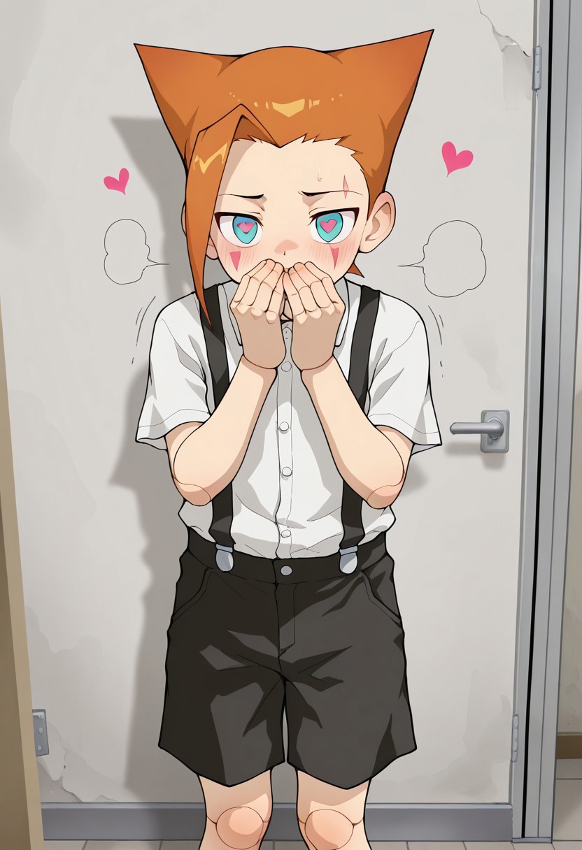 masterpiece, best quality, amazing quality, 1boy, cute boy, male focus, solo, hydemamodo, 1boy, solo, triangular shape orange hair, light blue eyes, vertical face mark, joints,male child, White Shirt, Suspenders, Black Shorts, standing, covering mouth with both hands, squealing, blush, hearts in eyes,  beitemian style