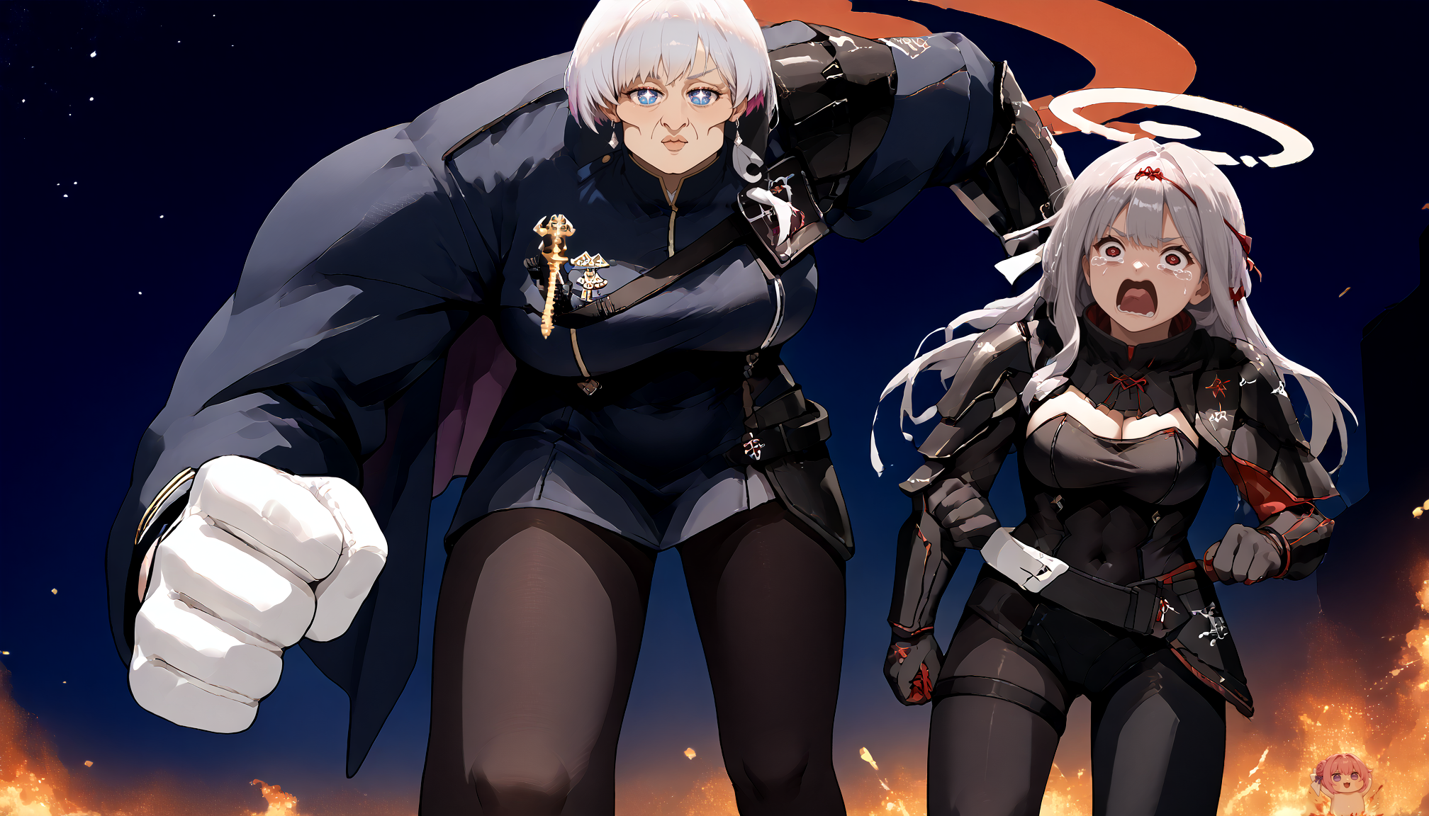 score_9, score_8_up , score_7_up, source_anime, 2girls, size difference [explosion:0.25]
BREAK <lora:liliweiss_nikke_xypher_pdxl_v1:0.9> liliweissx, white hair, short hair, colored inner hair, blue eyes, symbol-shaped pupils,  earrings, military uniform, long sleeves, black dress, pencil skirt, side cape, white bow, black pantyhose, white gloves, ankle boots, muscular, bodybuilder, <lora:handsomize_x_pdxl_v1:0.8> handsomize, [muscular male:1girl:0.5], manly, sparkle,  <lora:running-gunger2:0.9> running ganger (meme), meme, running, from below, giantess [sparkle:0.25]
BREAK  <lora:scarlet-nikke-richy-v1_pdxl:0.9> scrltbs, red eyes, long hair, grey hair, bangs, halo, headgear, hair ribbon, single shoulder armor, black bodysuit, cleavage, bodystocking, covered navel, black legwear, gloves,  <lora:concept_aquascreaming_ponyXL:0.8> aquascreaming, screaming, open mouth, crying with eyes open, running away, sprinting, from above