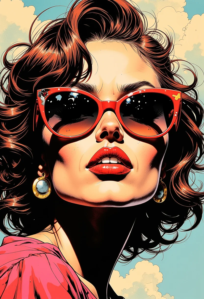 Comix book style, Comic Art Illustration Style, a pop art style painting of a woman wearing sunglasses, 1girl, solo, sunglasses.