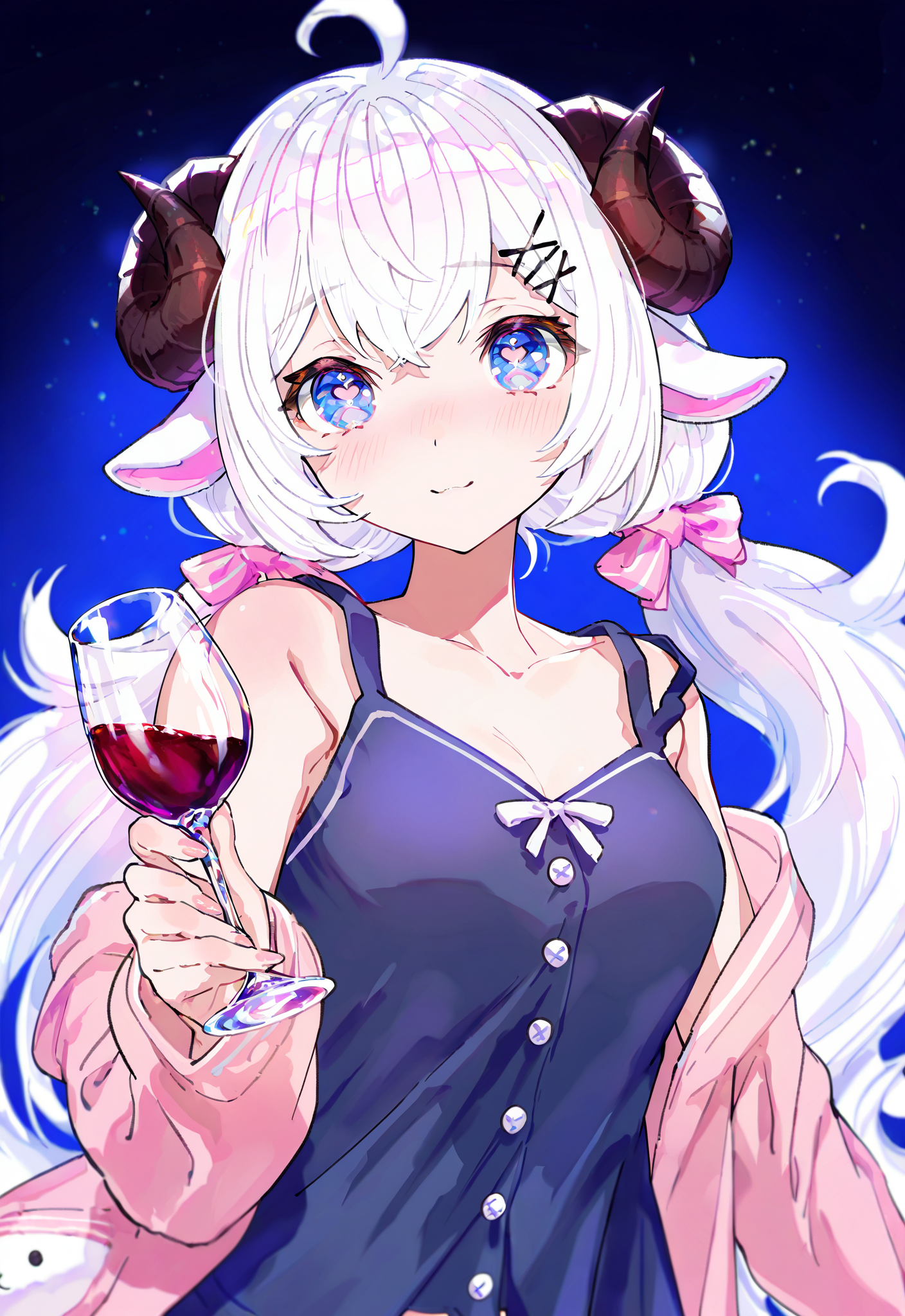 masterpiece, best quality, very aesthetic, artist:[nobusawa osamu|yoneyama mai|fuzichoco|mika pikazo], DollieHitsujida,  white hair, long hair, horns, sheep ears, blue eyes, heart shaped pupils, 1girl, solo,  ahoge, x hair ornament,
PJoutfit, blue pajamas, holding a wine glass, sleeveless
 <lora:noobai_vpred_1_masterpieces_v23:1>  <lora:DollieHitsujidav2EPOCH15:0.8>   <lora:9_EnchantingEyes:0.6>