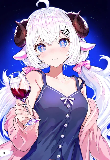 masterpiece, best quality, very aesthetic, artist:[nobusawa osamu|yoneyama mai|fuzichoco|mika pikazo], DollieHitsujida,  white hair, long hair, horns, sheep ears, blue eyes, heart shaped pupils, 1girl, solo,  ahoge, x hair ornament,
PJoutfit, blue pajamas, holding a wine glass, sleeveless
 <lora:noobai_vpred_1_masterpieces_v23:1>  <lora:DollieHitsujidav2EPOCH15:0.8>   <lora:9_EnchantingEyes:0.6>