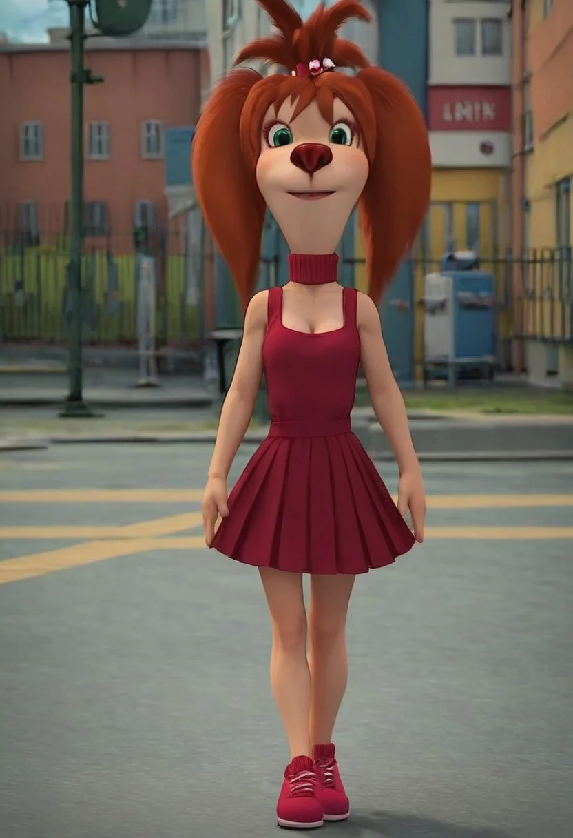 score_9, score_8_up, score_7_up, score_6_up, 1girl, solo,  skinny, Liza_Barboskina, dog anthro, female, small boobs, sport dress, long legs, no pants, beautiful legs, dog feet, cleavage, full body view, looking at viewer, seductive look, (russian city street background:1,4), sexy pose, neck, standing, front view