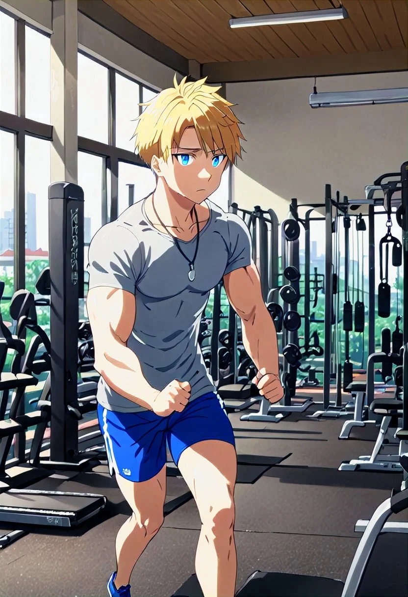 high resolution, solo, best quality, 1Boy, Yamato Ishida, Blonde Hair, Blue Eyes, Necklace, Working out, gym, exercise, exhaust,
