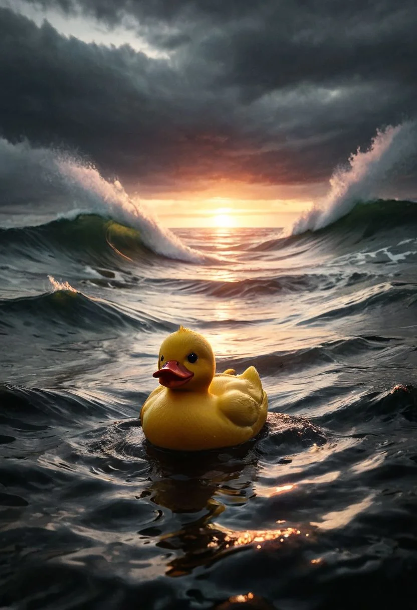 ral-apoctvisn, dark, chiaroscuro, low-key, Create an intense and captivating scene featuring a tiny, lost rubber ducky, adorned with stylish sunglasses, embarking on a daring surfing adventure amidst colossal waves. The action shot captures the rubber ducky inside the tube of a massive wave, evoking a sense of excitement and peril. The rubber ducky's expression conveys a mix of determination and vulnerability, highlighting its solitary journey through the tumultuous waters.
The setting sun paints the sky with a radiant palette of warm, golden hues, with shades of orange and pink casting a mesmerizing glow over the expansive ocean. The contrast between the small, lone rubber ducky and the vast, imposing waves enhances the feeling of isolation and insignificance in the face of nature's power. The dynamic composition of the scene emphasizes the rubber ducky's struggle against the elements, creating a visually striking and emotionally evocative artwork.