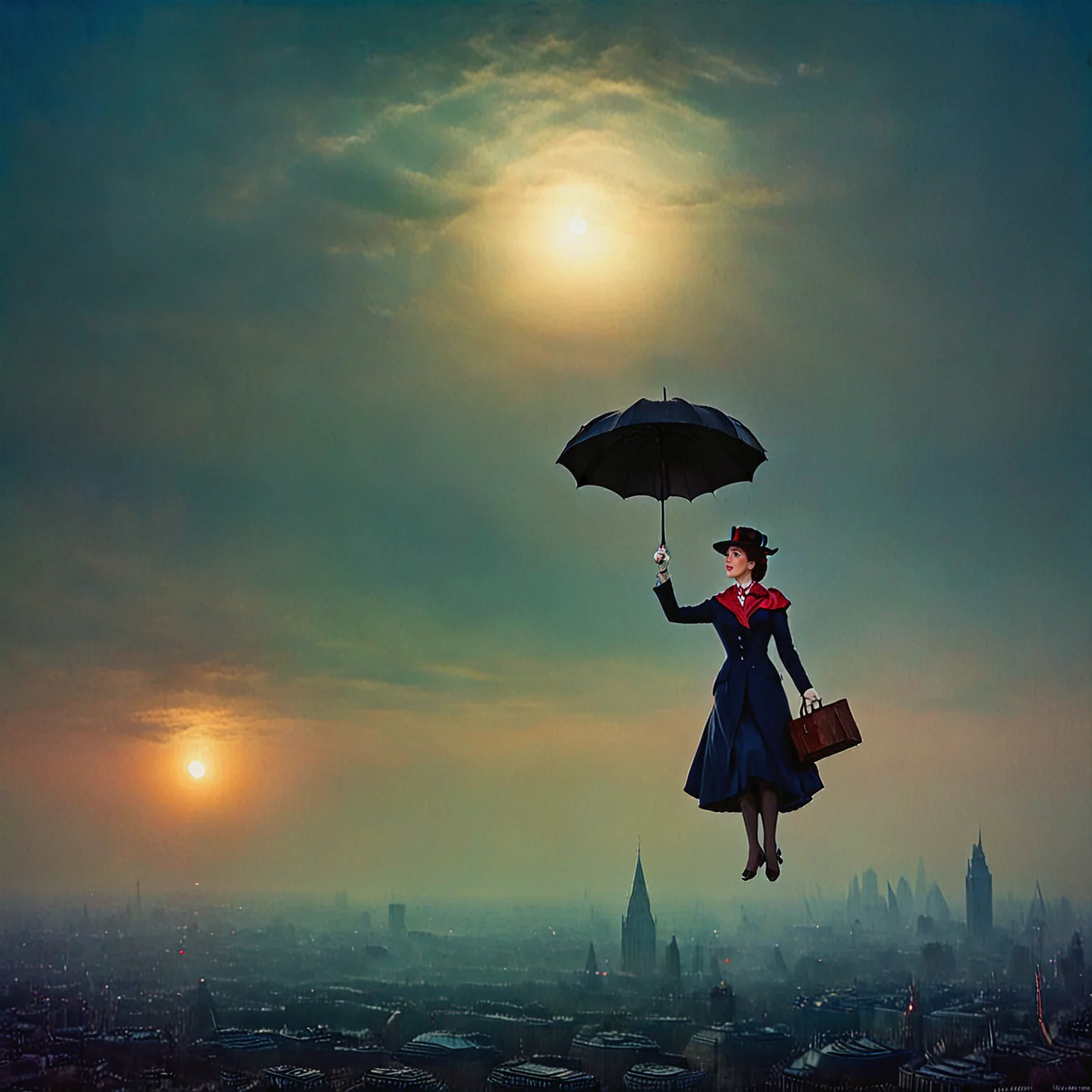 Mary Poppins floating in the sky, above the city of London, holding onto her umbrella, emerging from the London fog, glowing with the moon's light.
<lora:Tonalism01b_CE_XL_300-OT:0.8> tnlsmCE_style