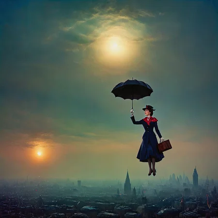 Mary Poppins floating in the sky, above the city of London, holding onto her umbrella, emerging from the London fog, glowing with the moon's light.

<lora:Tonalism01b_CE_XL_300-OT:0.8> tnlsmCE_style
