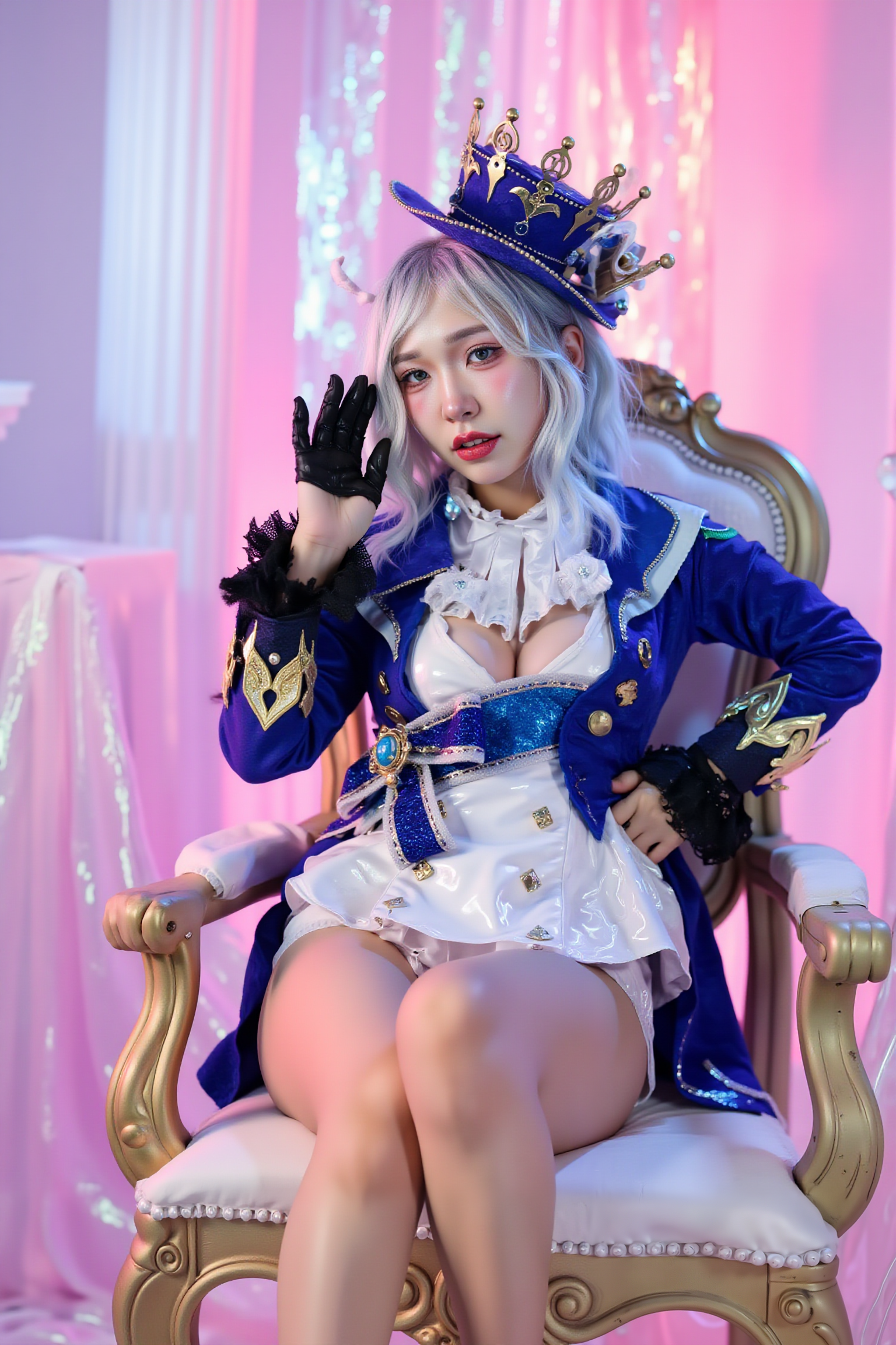 A professional, high-resolution image of a young woman is posed in a confident seated position on an ornate gold and light pink throne-like chair. They're seated with one leg extended forward, creating a dynamic line that draws the eye through the composition. The pose features a slight turn of the upper body toward the camera while maintaining an elegant S-curve silhouette.

She is wearing SGWN34Clothing, a blue and gold crown with intricate details, a matching blue coat with gold accents, a white corset, and thigh-high boots.. Her makeup is dramatic, with dark eyeliner and bold, glossy pink lips. 

The lighting features a high-contrast, monochromatic white color scheme that creates a moody, intimate atmosphere. 

The photography technique uses what appears to be soft lighting to create a glamorous effect, with careful attention to highlighting contours while maintaining the dominant light pink color scheme throughout the frame.

The overall aesthetic combines elements of fashion photography, traditional Asian visual motifs, and contemporary boudoir styling. The dramatic light pink lighting creates a cohesive visual theme that ties all elements of the composition together.

The white light emit on her to show her feature.