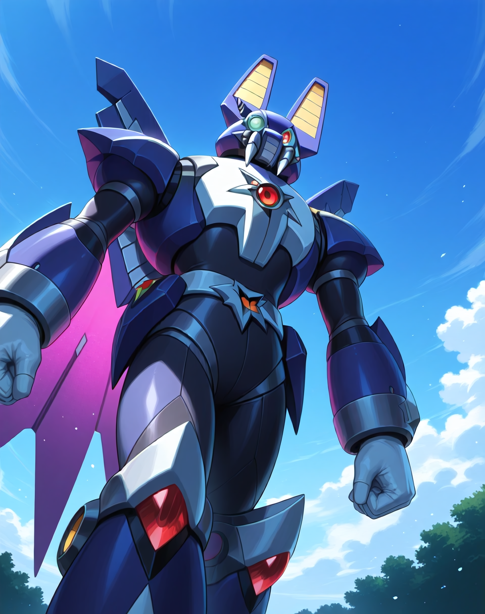 <lora:Dark_Necrobat_(Mega_Man_X)_(Illustrious)_(AD):1.35> Dark Necrobat, reploid, MMX, 
exterior, blue sky with clouds,
male focus, intense shadows, dynamic shadows, intricate details, attention to details, gradient coloring, bright vivid colors, robot, 
BREAK very awe, masterpiece, best quality, amazing quality, very aesthetic, highres, absurdres,
EZRealPONYXL, zPDXL, Smooth Quality, lazynsfw,