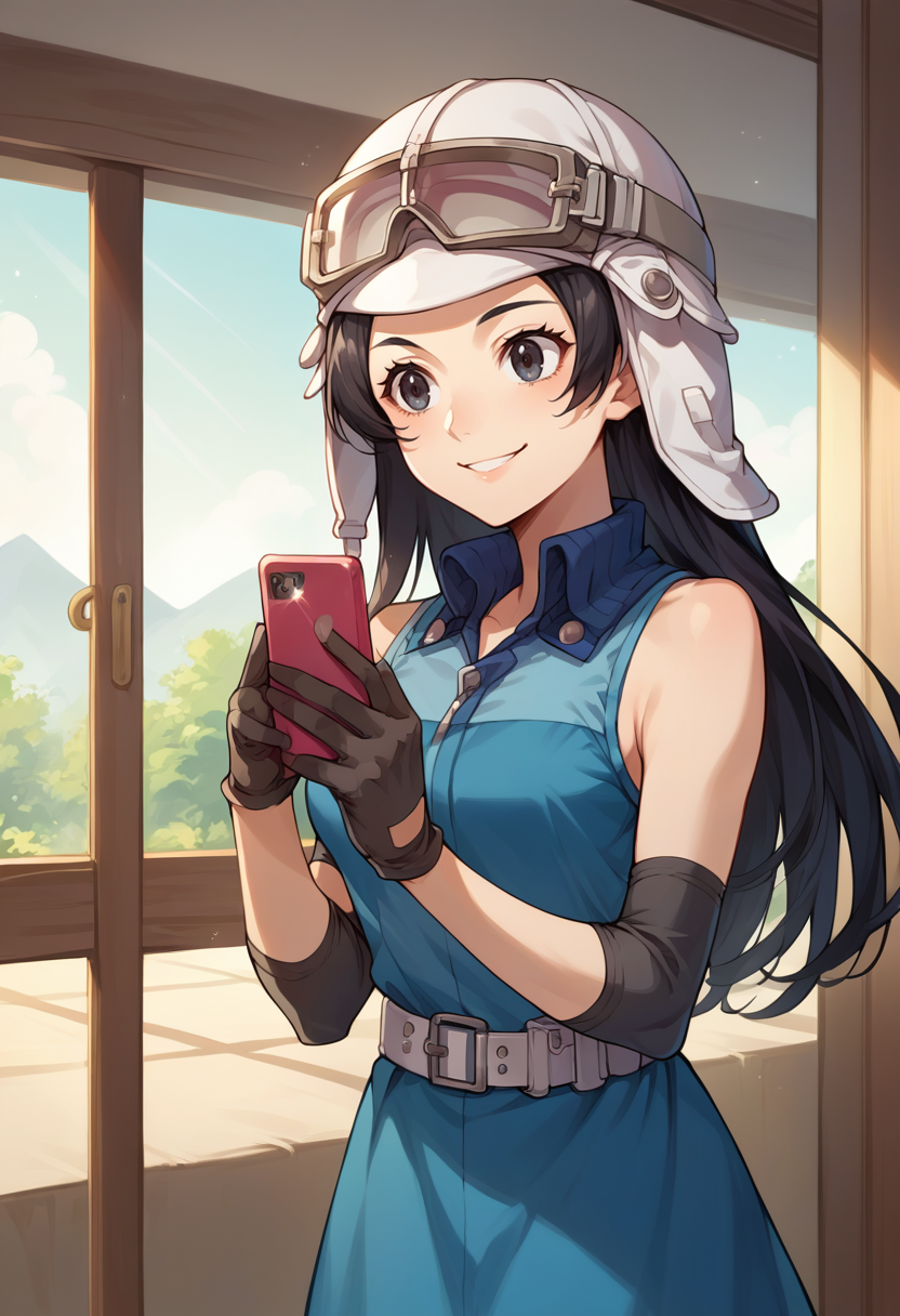 score_9, score_8_up, score_7_up, source_anime, 1girl, solo, asahismtiva, long hair, black hair, helmet, goggles on head, dress, elbow pads, belt, holding phone, standing, smile, indoors, <lora:zs_AsahiXL:1>