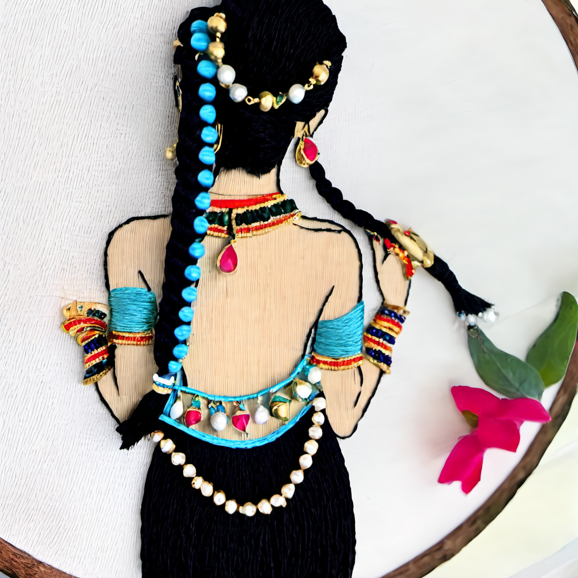 embrodarythreadart, girl, long hair, skirt, black hair, white background, jewelry, bracelet, from behind<lora:embrodary_thread_art:1>