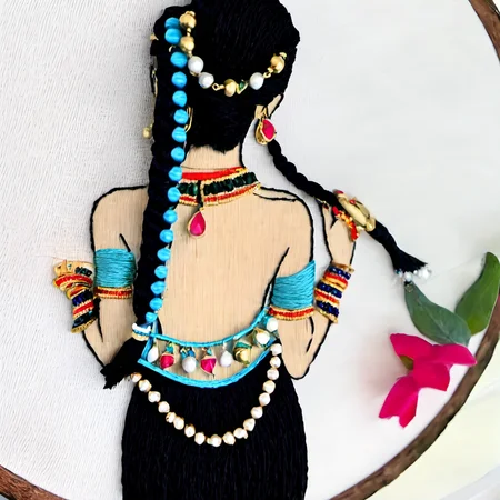 embrodarythreadart, girl, long hair, skirt, black hair, white background, jewelry, bracelet, from behind<lora:embrodary_thread_art:1>