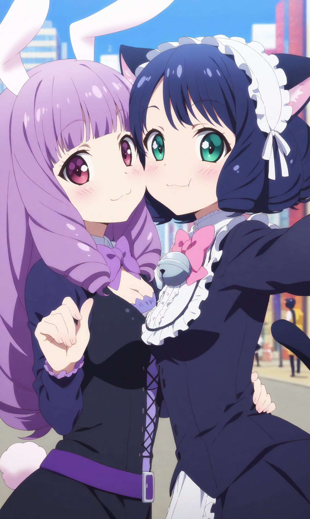 masterpiece, best quality, beautiful eyes, close-up, zzchuchu, zzCyanHijirikawa, multiple girls, 2girls, looking at viewer, face-to-face, animal ears, cat ears, rabbit ears, selfie angle, green eyes, purple hair, long hair, cat girl, rabbit cat, bell, aqua eyes, bow, blush, hug, blue hair, smile, :3, cheek-to-cheek, red eyes, purple eyes, :t, up hand, bowtie, short hair, curly hair, drill hair, cat tail, rabbit tail, upper body, medium breasts, looking at viewer, outdoors, black hair, maid headdress, very long hair, gothic, purple eyes, hairband, pink bow, small breasts, blurry, city, blurry background, parody, jingle bell, 