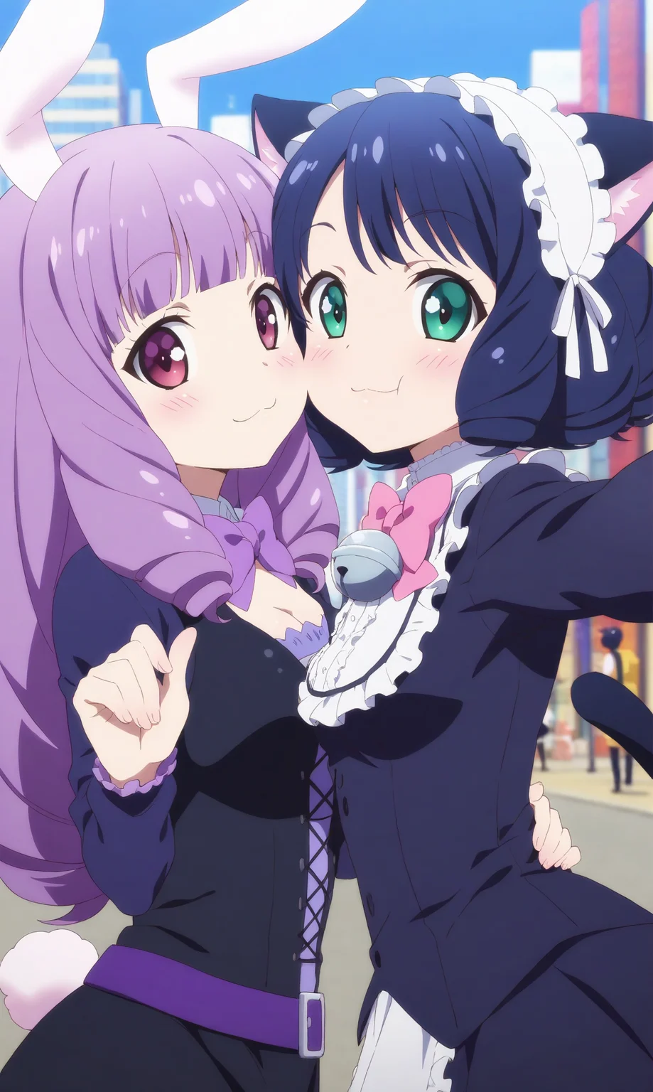 masterpiece, best quality, beautiful eyes, close-up, zzchuchu, zzCyanHijirikawa, multiple girls, 2girls, looking at viewer, face-to-face, animal ears, cat ears, rabbit ears, selfie angle, green eyes, purple hair, long hair, cat girl, rabbit cat, bell, aqua eyes, bow, blush, hug, blue hair, smile, :3, cheek-to-cheek, red eyes, purple eyes, :t, up hand, bowtie, short hair, curly hair, drill hair, cat tail, rabbit tail, upper body, medium breasts, looking at viewer, outdoors, black hair, maid headdress, very long hair, gothic, purple eyes, hairband, pink bow, small breasts, blurry, city, blurry background, parody, jingle bell,