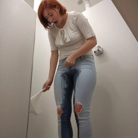 hidden camera, spycam, voyeur, omo wet, japanese toilet, standing, adult asian, pretty, skinny, 18yo, face freckles, red bob hair, white blouse, blue jeans, small breasts, crying, look down, cover face by hands, low angle, 1girl, solo,