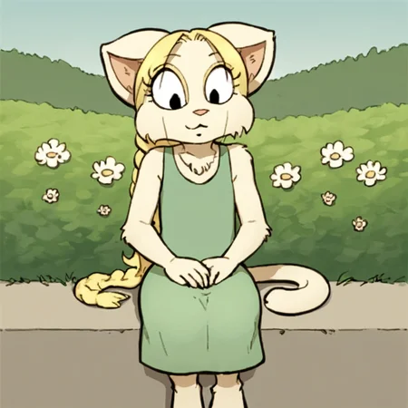 score_9, score_8_up, score_7_up, source_anime BREAK
Tiffany, 1girl, solo, animal ears,blonde hair, furry female,cat, solo,outdoors,,sitting,dress,detailed backround,natural light,shadow detail,front view
<lora:Precocious:0.8>