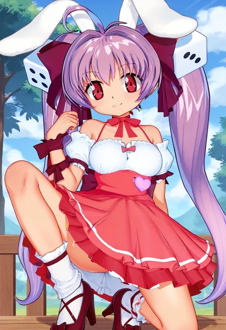 score_9, score_8_up, score_7_up, best quality, uncensored, source_anime, BREAK
1girl, solo, usada_hikaru, ahoge, rabbit ears, dice hair ornament, ahoge, purple hair, twintails, red eyes, ribbon choker, wrist ribbon, dress, usada_hikaru_outfit, red frills skirt, bare shoulders, white socks, high heels,
downpants, legs apart, Teasing, A playful smirk, a raised eyebrow, and a hint of dominance., outdoors,
<lora:sdxl_lightning_8step_lora:1> <lora:usadahikaru_XL(pony)rev2:0.8>