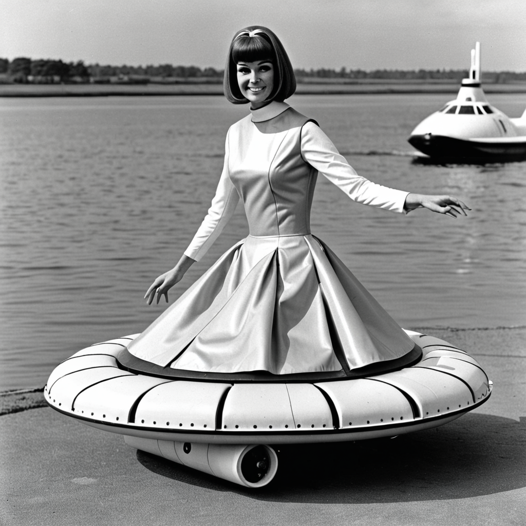 1960s photograph of A woman wearing a hovercraft dress
