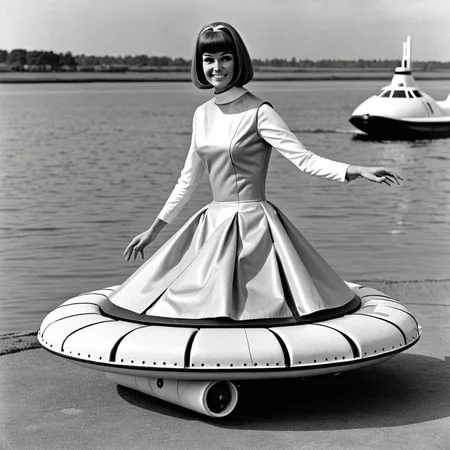 1960s photograph of A woman wearing a hovercraft dress