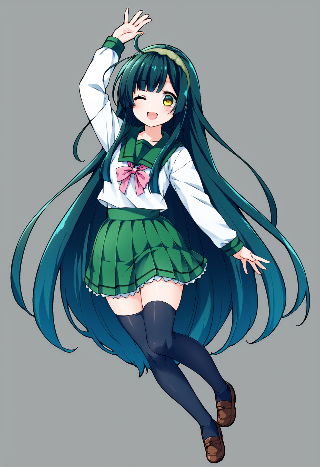score_9, score_8_up, score_7_up, source_anime,  <lora:lowres_concept_ponyXL_v1:-0.3> 1girl, solo, looking at viewer, 
BREAK,
<lora:touhoku_zunko_PonyXL_v1:1> touhoku zunko, very long hair, green hair, yellow eyes, green hairband,
blush, smile, open mouth, bangs, skirt, simple background, shirt, thighhighs, long sleeves, white background, ribbon, school uniform, standing, full body, white shirt, ahoge, pleated skirt, hairband, one eye closed, shoes, serafuku, black thighhighs, sailor collar, arm up, neck ribbon, brown footwear, standing on one leg, ;d, green skirt, loafers, pink ribbon, green sailor collar,